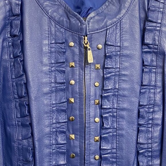 Peter Nygard Women's Cobalt Blue Ruffles & Studded Leather Jacket Size M - Picture 8 of 8